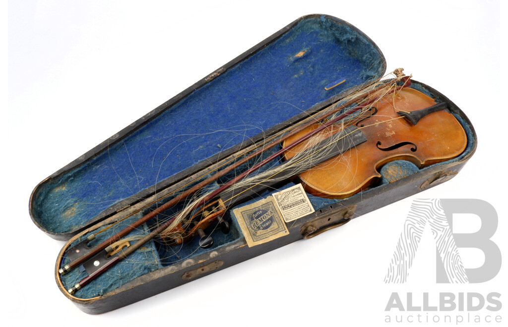 Antique German Violin Labeled Josef Klotz, Mittenwald, Anno 1795 to Interior, Probably Late 1800s Early 1900s, Along with Case and Two Bows