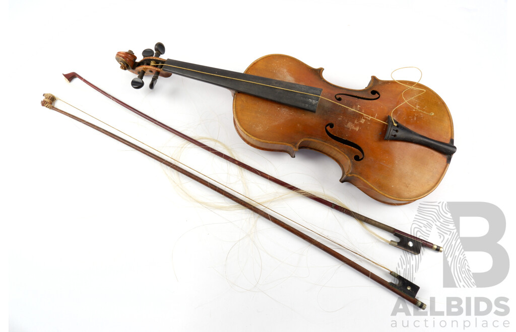 Antique German Violin Labeled Josef Klotz, Mittenwald, Anno 1795 to Interior, Probably Late 1800s Early 1900s, Along with Case and Two Bows