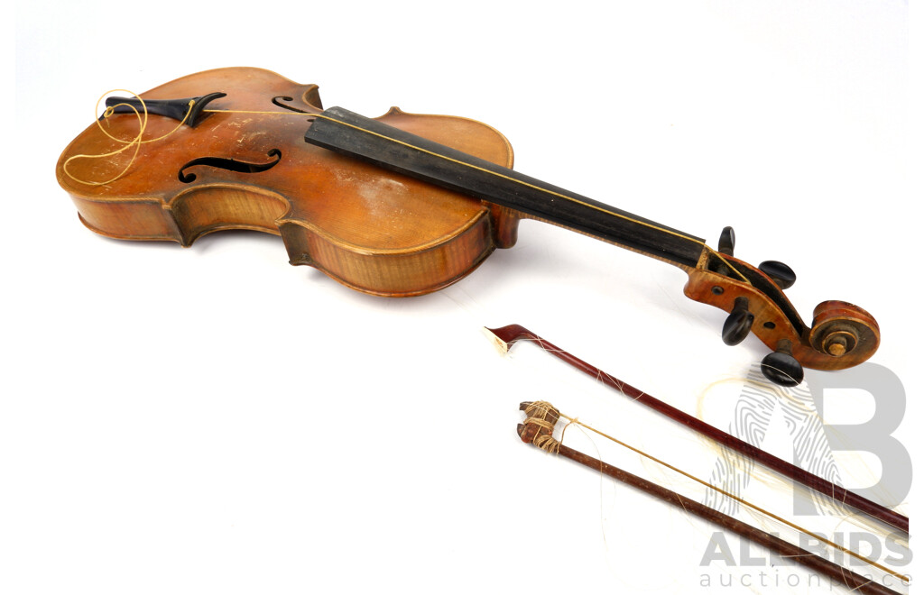 Antique German Violin Labeled Josef Klotz, Mittenwald, Anno 1795 to Interior, Probably Late 1800s Early 1900s, Along with Case and Two Bows