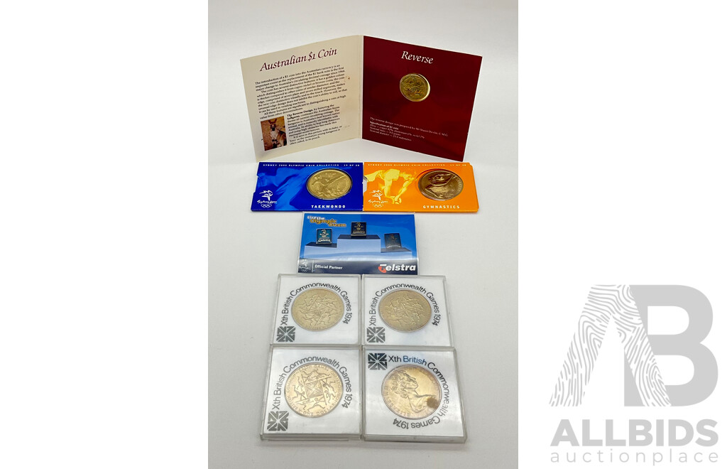 Australian and New Zealand Commemorative Coins Including Sydney 2000 Five Dollar Taekwondo, Gymnastics and Pins, 1984 UNC One Dollar and New Zealand 1974 Commonwealth Games UNC One Dollar Coins(4)