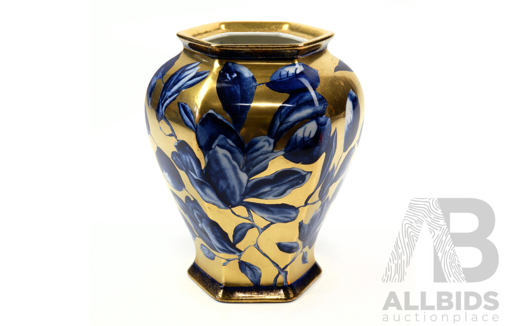 Vintage Phoenix Ware Porcelain Gold and Blue Hexagonal Form Vase