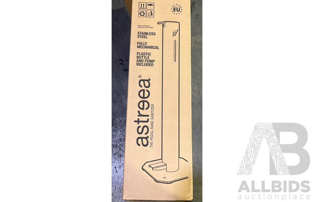 ASTREEA Stainless Steel Pedal Hand Sanitiser Dispenser (M) & Information Display - Lot of 2 - Estimated Total ORP $659.00