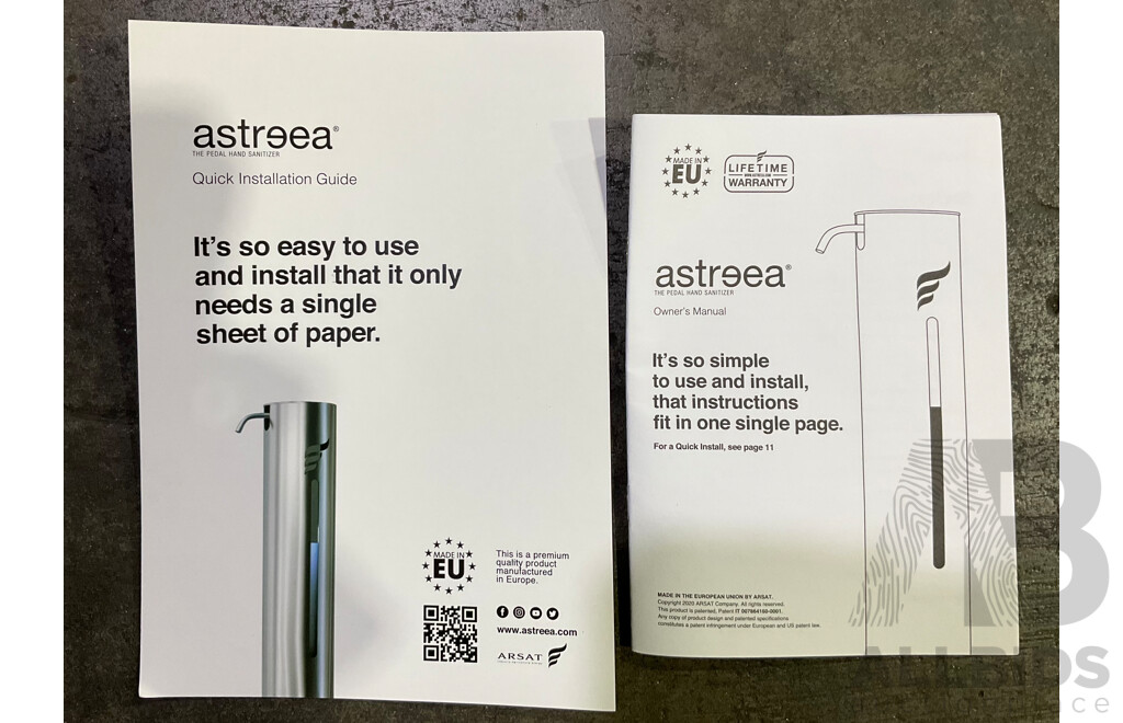 ASTREEA Stainless Steel Pedal Hand Sanitiser Dispenser (M) & Information Display - Lot of 2 - Estimated Total ORP $659.00