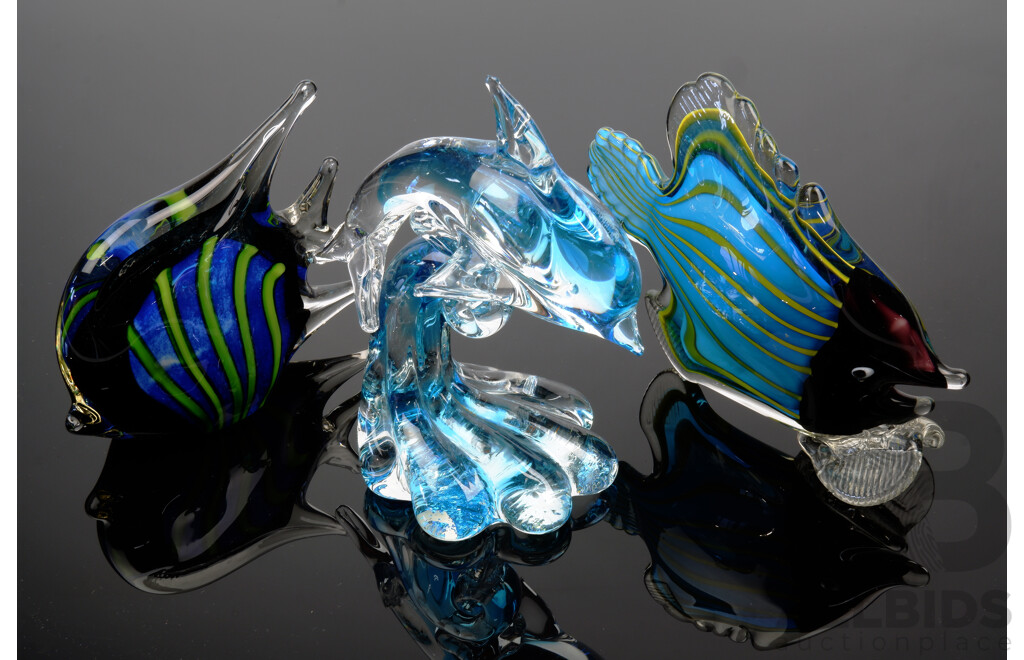 Collection Three Hand Blown Murano Style Art Glass Pieces Including Two Fish and Dolphin