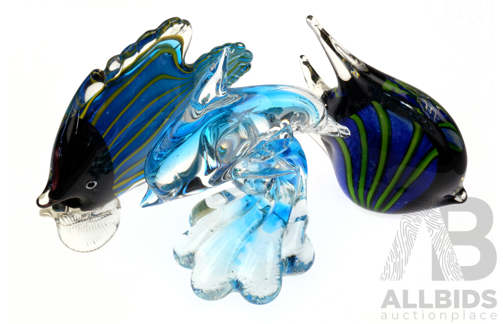 Collection Three Hand Blown Murano Style Art Glass Pieces Including Two Fish and Dolphin