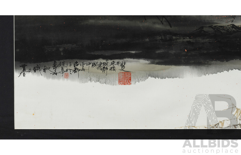 Yong ZHAO (Chinese b.1967), Chinese Landscape with Cranes, Ink & Gouache, Artist's certificate of authenticity attached verso, 67.5x135cm