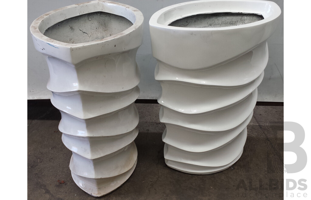 Contemporary Gloss White Fiberglass Indoor Planters - Lot of Two