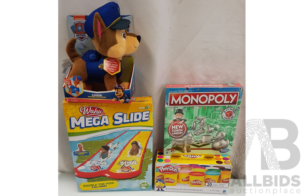 Assorted Toys and Games Including Monopoly and Wahu Mega Slide - Lot of 4 - Total ORP $166.95