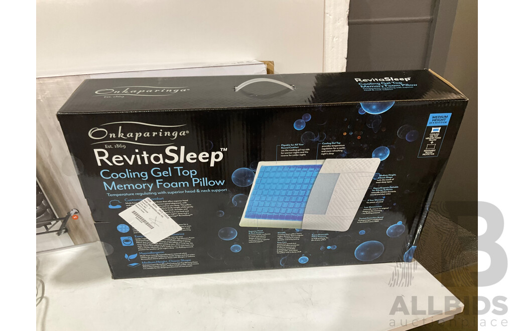 REVITASLEEP (48391) Multi Zone Fitted Electric Blanket, Onkaparinga Revitasleep Cooling Gel Top Memory Foam Pillow Sleeping Head Support,   REVITASLEEP (48391) Multi Zone Fitted Electric Blanket, OTTLITE (2 Pair) Desk Lights - Lot of 4 Total ORP $339.94