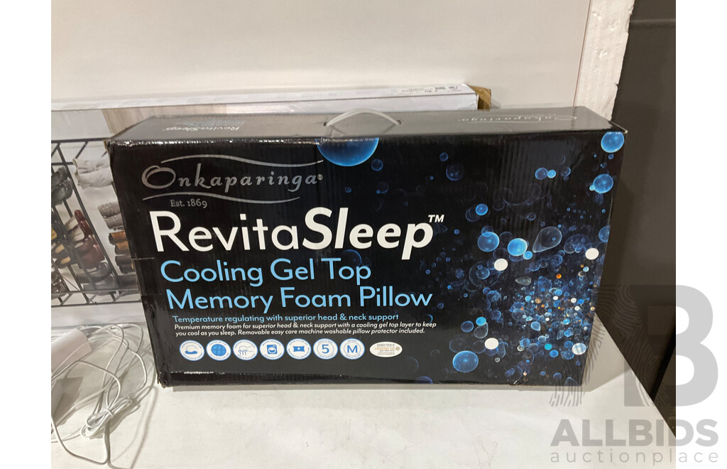 REVITASLEEP (48391) Multi Zone Fitted Electric Blanket, Onkaparinga Revitasleep Cooling Gel Top Memory Foam Pillow Sleeping Head Support,   REVITASLEEP (48391) Multi Zone Fitted Electric Blanket, OTTLITE (2 Pair) Desk Lights - Lot of 4 Total ORP $339.94