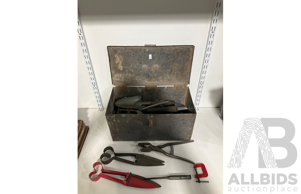 Vintage Tools and Tool Box, Including Shears, Hole Punches and Clamps