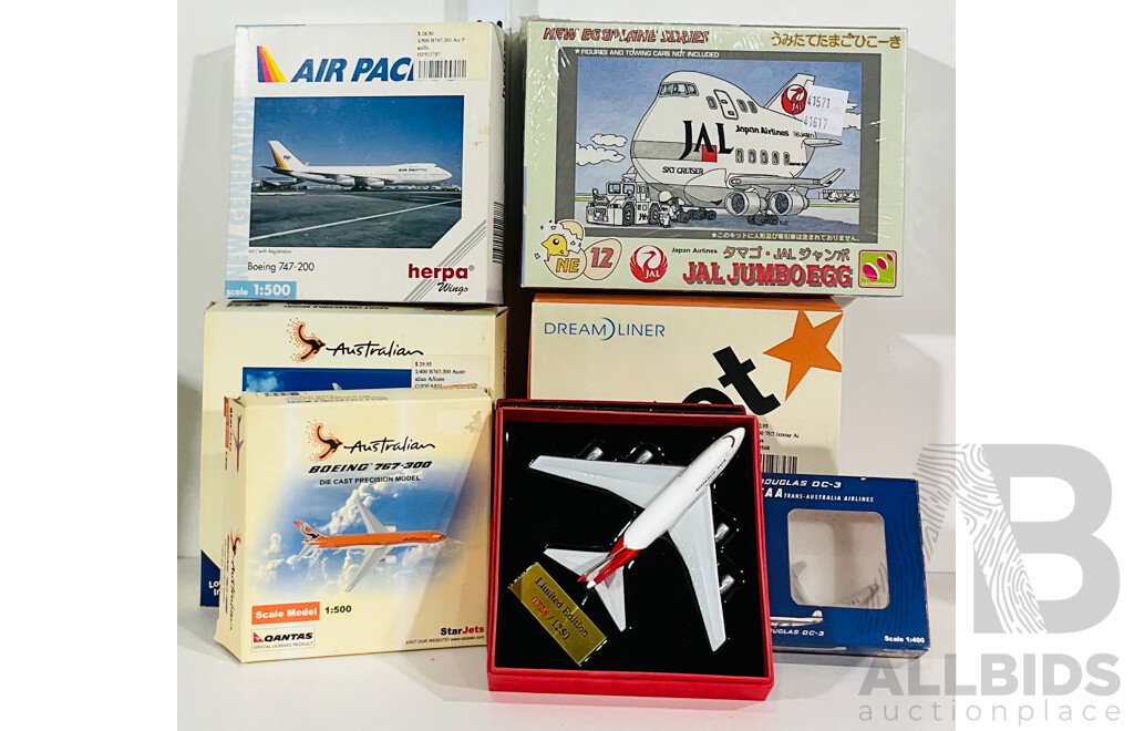 Collection of Seven VIntage Replica Model Airplanes in Original Boxes Including TAA, Australian Boeing 767-300 and More