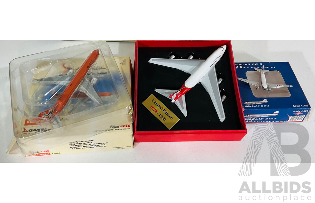 Collection of Seven VIntage Replica Model Airplanes in Original Boxes Including TAA, Australian Boeing 767-300 and More