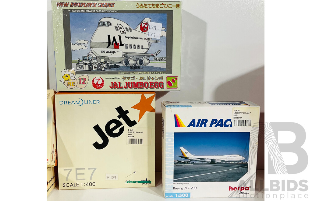 Collection of Seven VIntage Replica Model Airplanes in Original Boxes Including TAA, Australian Boeing 767-300 and More