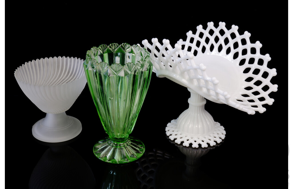 Antique Depression Glass Vase Along With Vintage Opaque Glass Comport and White Glass Latice Work Comport