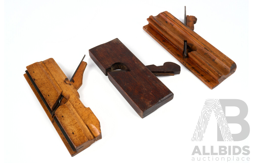 Three Antique Wooden Moulding Planes Including IVS Number 11 and Two Unmarked Examples