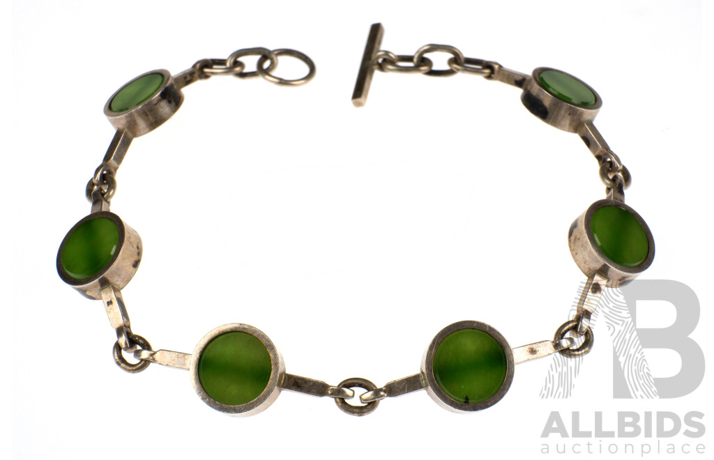 Mid Century Danish Sterling Silver and Greenstone Linked Braclet, 18.7g