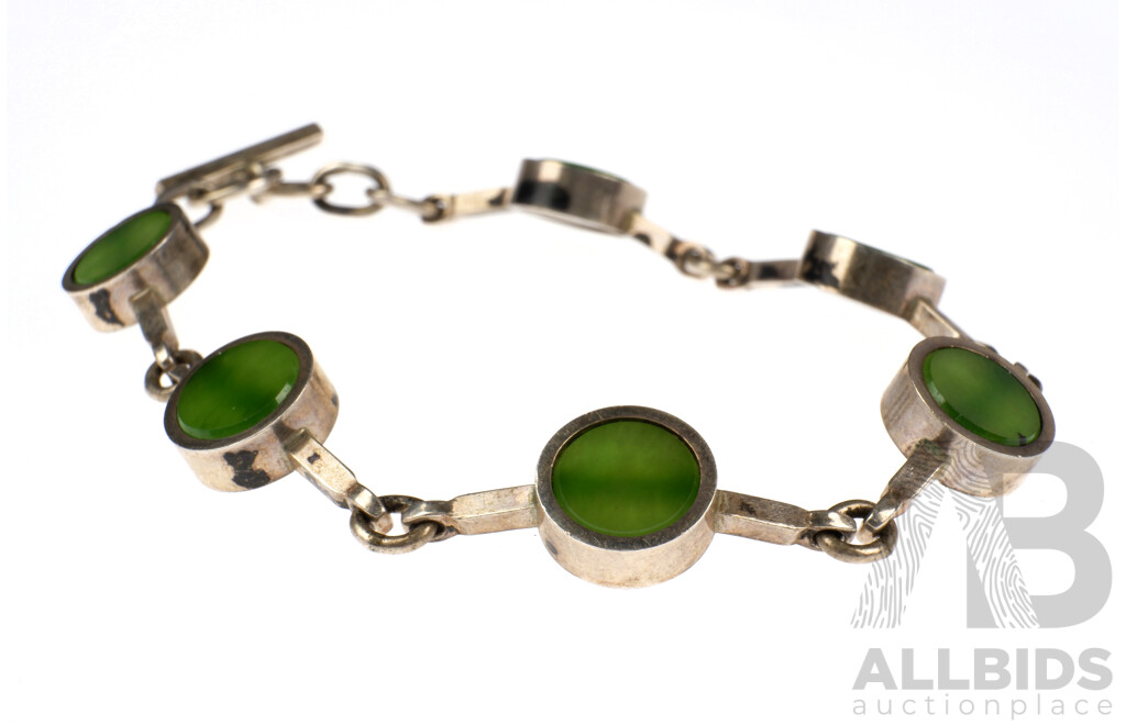 Mid Century Danish Sterling Silver and Greenstone Linked Braclet, 18.7g