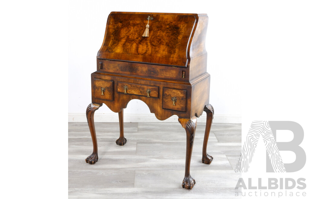 Antique Style Flame Mahogany Writing Bureau in the Georgian Style with Webbed Claw and Ball Feet