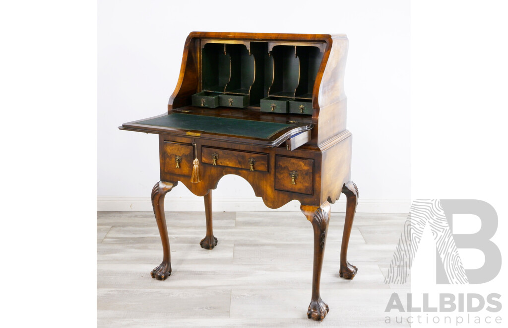 Antique Style Flame Mahogany Writing Bureau in the Georgian Style with Webbed Claw and Ball Feet