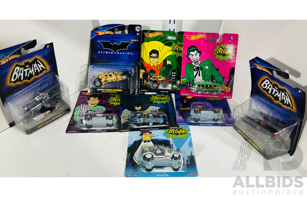 A Collection of 9 Batman Hot Wheels Cars in Original Boxes, Including Bat Cycle, the Jokers Volkswagen Custom Deluxe and More