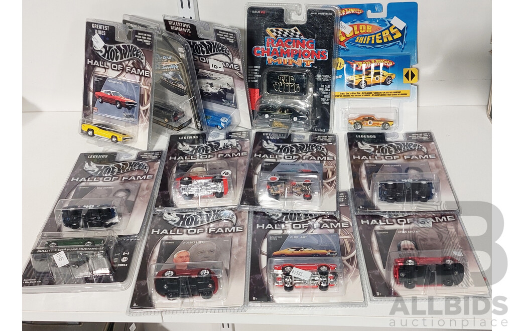 A Collection 10 of Die Cast Cars, Legends Hall of Fame Hot Wheels Cars and More