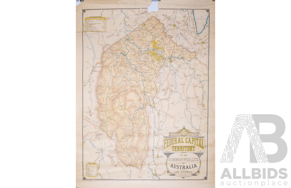 Five Unframed Vintage Maps of Canberra & the ACT Including Feature Map of the Federal Capital Territory of the Commonwealth of Australia 1929 and Others, Largest 76 X 101 Cm