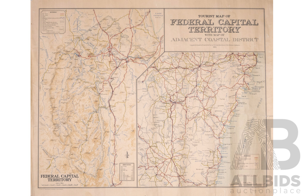 Five Unframed Vintage Maps of Canberra & the ACT Including Feature Map of the Federal Capital Territory of the Commonwealth of Australia 1929 and Others, Largest 76 X 101 Cm