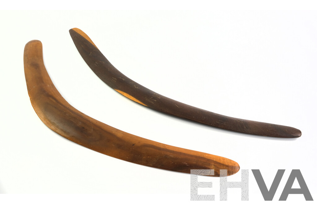 Two Central Australian Hand Carved Hardwood First Nations Indiginouse Boomerangs, One with Kangaroo Tracking Story Decoration