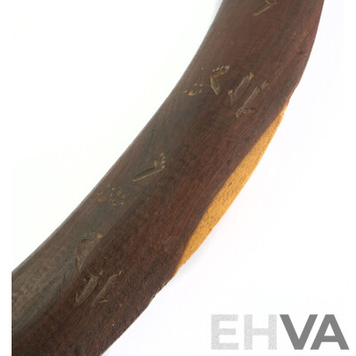 Two Central Australian Hand Carved Hardwood First Nations Indiginouse Boomerangs, One with Kangaroo Tracking Story Decoration