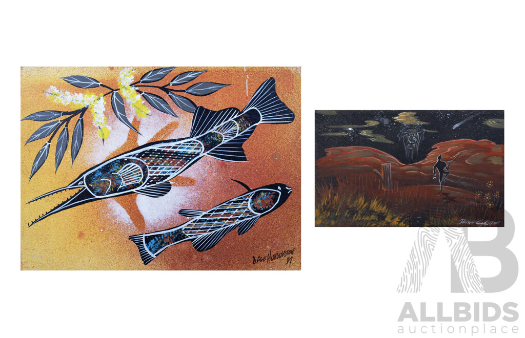 Dale Huddleston (Born 1965, Ngardi Language Group), Fish.Acrylic on Canvasboard, 39 X 29 Cmntogether with Small Landscape Painitng by Darren Cooper (2)
