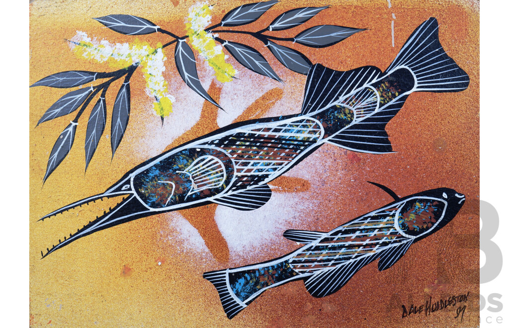 Dale Huddleston (Born 1965, Ngardi Language Group), Fish.Acrylic on Canvasboard, 39 X 29 Cmntogether with Small Landscape Painitng by Darren Cooper (2)
