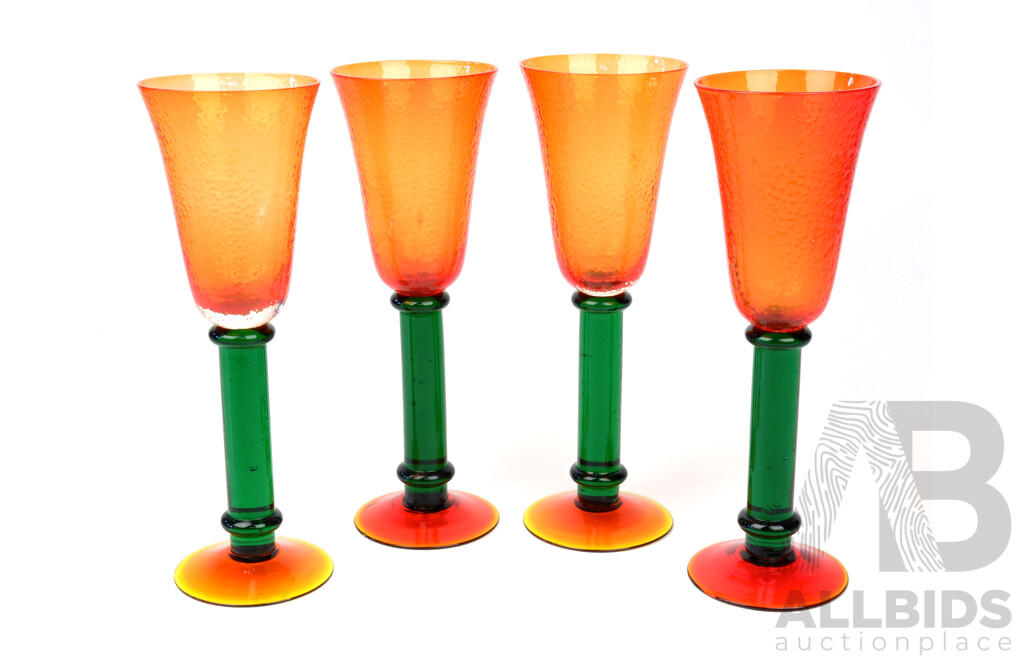 Set Four Retro Glass Burnt Orange Bowl and Green Stemmed Goblets