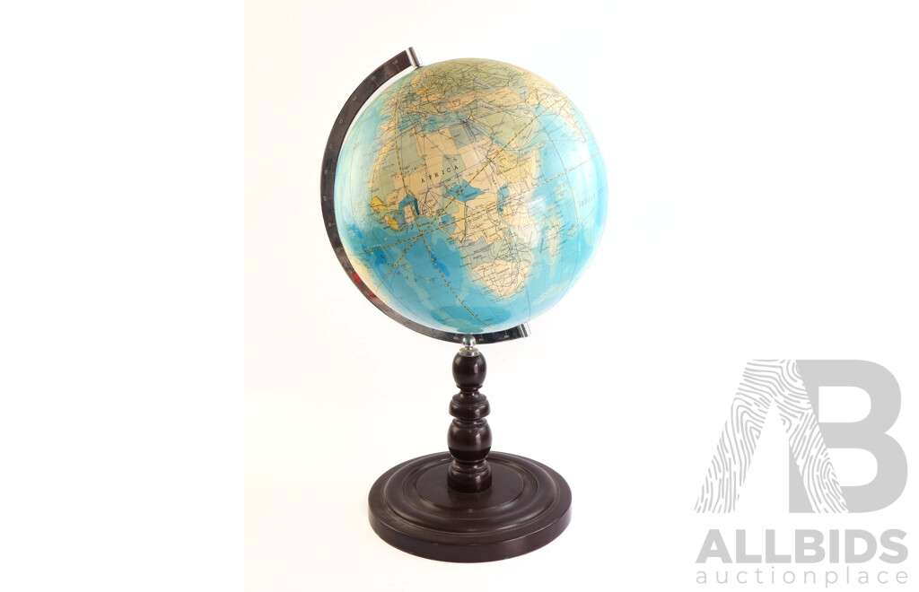 Retro Mid Century Rotating World Globe on Wooden Stand by Konomura Co Japan