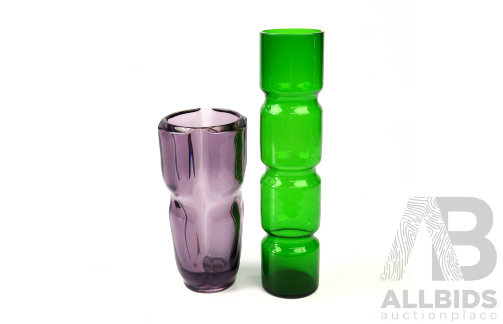 Two Retro Glass Vases Including Heavy Purple Lobed Example