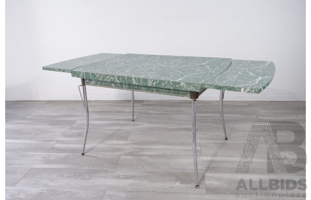 Mid-Century Chrome and Green Marble Laminex Extension Kitchen Table