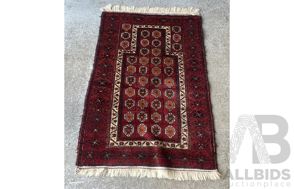 Hand Knotted Afghan Baluchi Wool Prayer Rug with Stepped Mihrab
