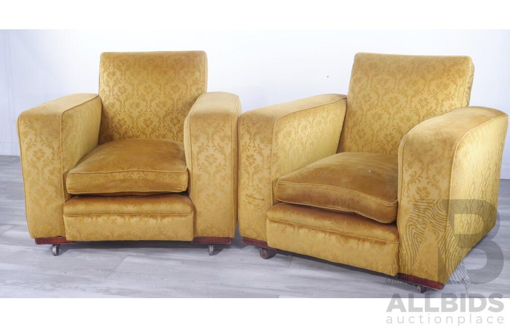Pair of Early to Mid-Twentieth Century Club Lounges with Gold Textured Velvet Upholstery