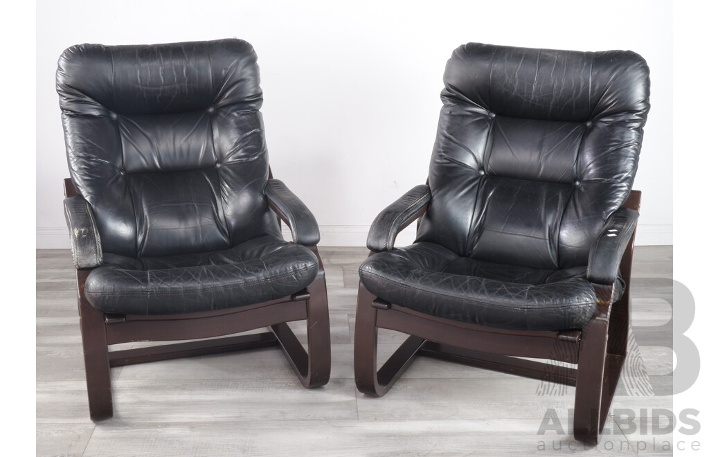 Pair of Retro Lamitech Black Leather Armchairs