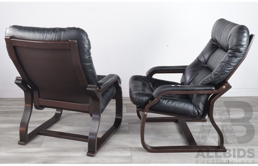 Pair of Retro Lamitech Black Leather Armchairs