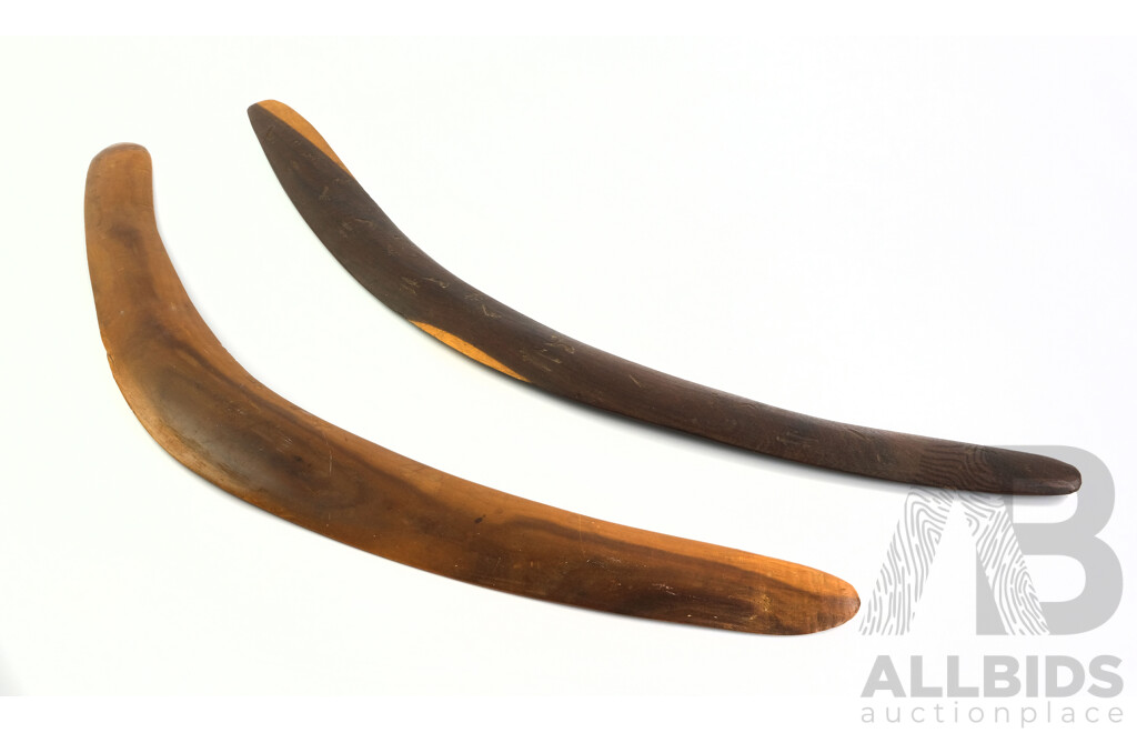 Two Central Australian Hand Carved Hardwood First Nations Indiginouse Boomerangs, One with Kangaroo Tracking Story Decoration