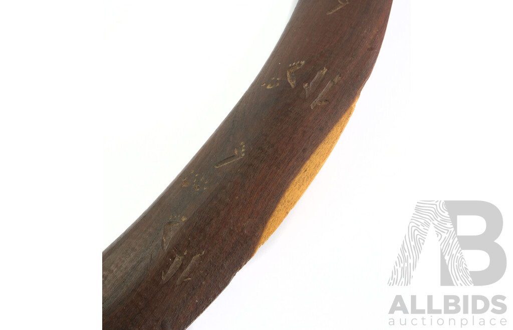 Two Central Australian Hand Carved Hardwood First Nations Indiginouse Boomerangs, One with Kangaroo Tracking Story Decoration