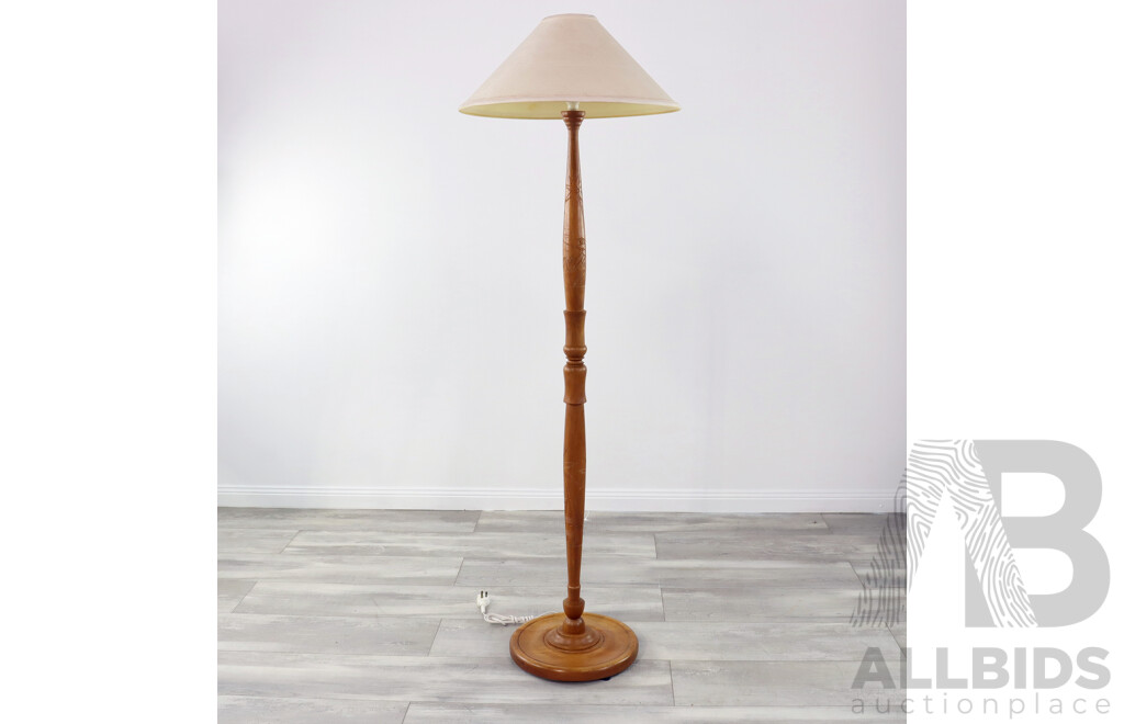 Vintage Turned Standard Lamp with Carved Asian Design