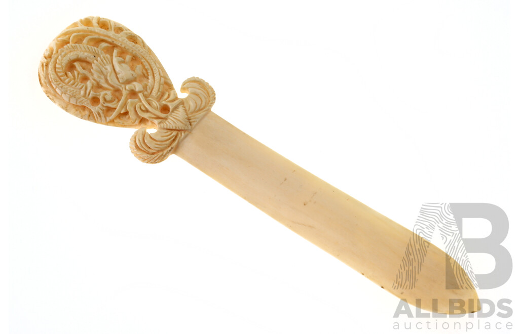 Vintage Hand Carved Asian Ivory Letter Opener with Dragon Motif Handle