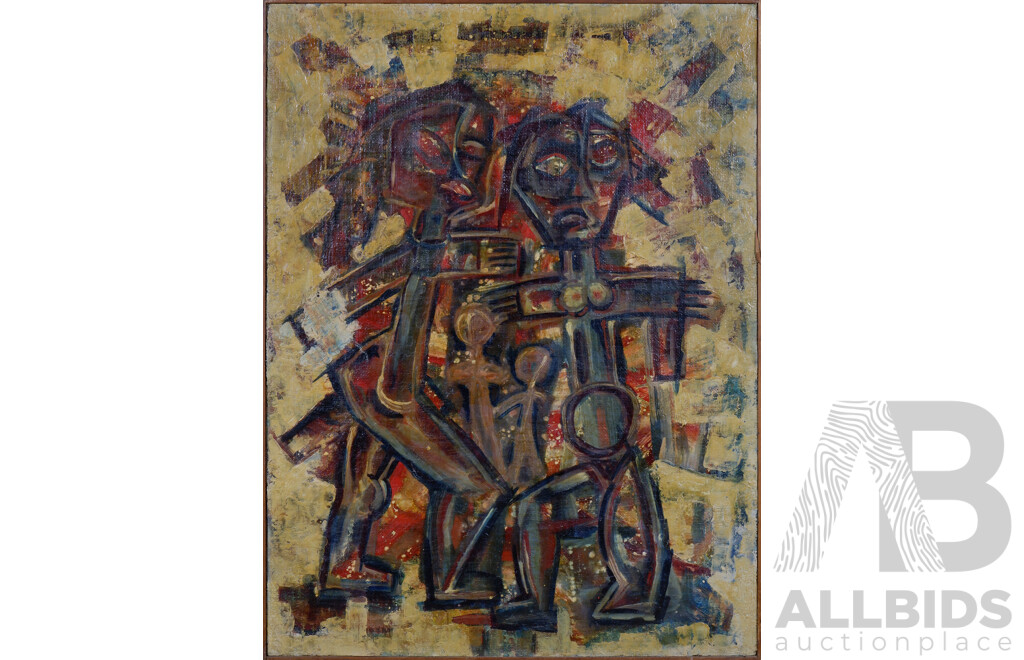 William Wiebenga (20th Century, Indonesian/Australian, Untitled (Figures - Family Group) c1962, Oil on Hessian on Board, 122 x 62 cm