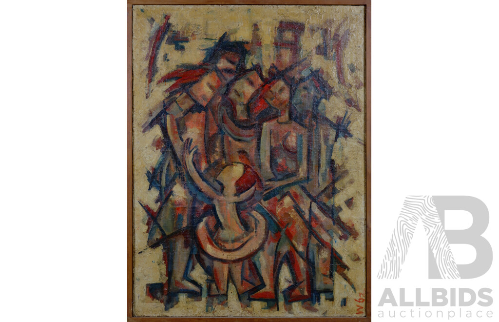 William Wiebenga (20th Century, Indonesian/Australian, Untitled (Figures and Child), Oil on Hessian on Board, 122 x 62 cm