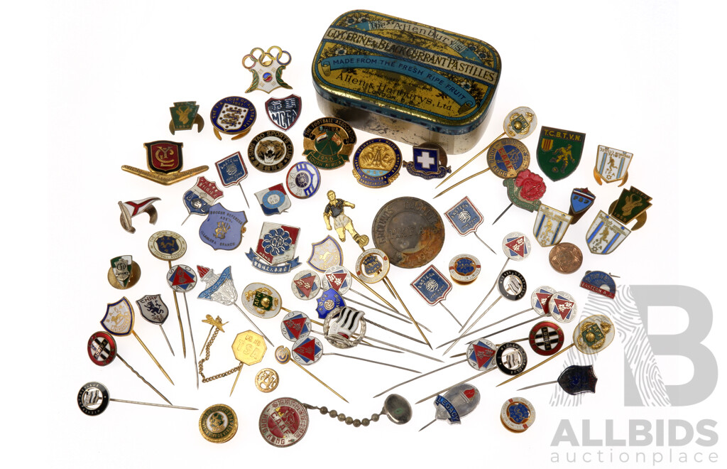Collection of Vintage Badge Pins Including Asian Football Clubs, Melbourne Olympics, Legacy and More