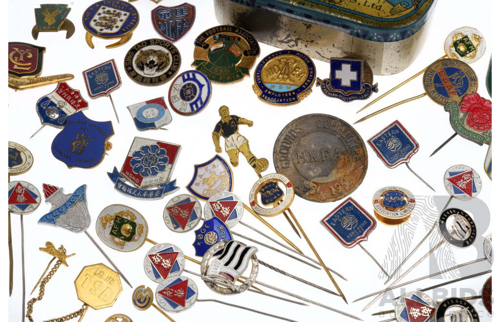 Collection of Vintage Badge Pins Including Asian Football Clubs, Melbourne Olympics, Legacy and More