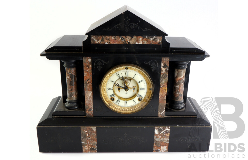 Vintage Slate Ansonia Clock Co Mantle Clock with Gilded Dial Surround, Marble Columns and Floral Scroll Engravings Made in USA