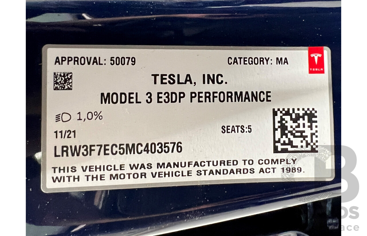 11/2021 Tesla Model 3 E3DB Performance Dual Motor Blue 4 door Sedan - Dedicated Electric